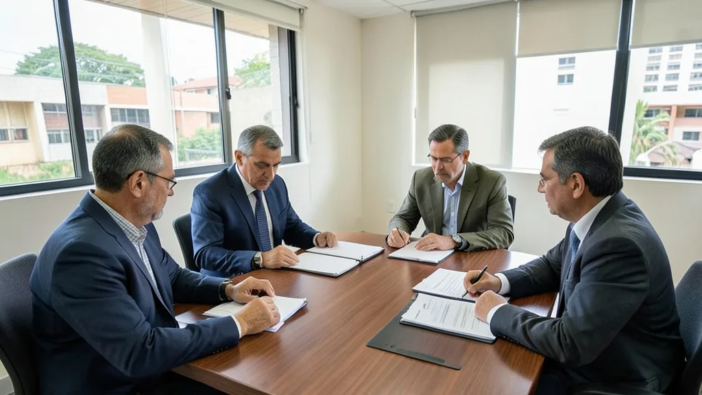 Imagem gerada por IA: Pessoas genéricas participam de uma reunião de transição em um escritório de governo.