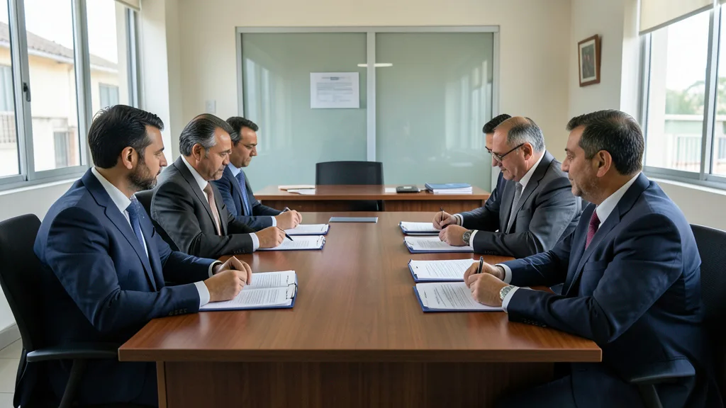Imagem gerada por IA: Representantes discutem documentos durante uma reunião de transição em um prédio administrativo.